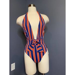 We Wore What x Onia red and blue striped Brooklyn one piece swimsuit, NWT Size S